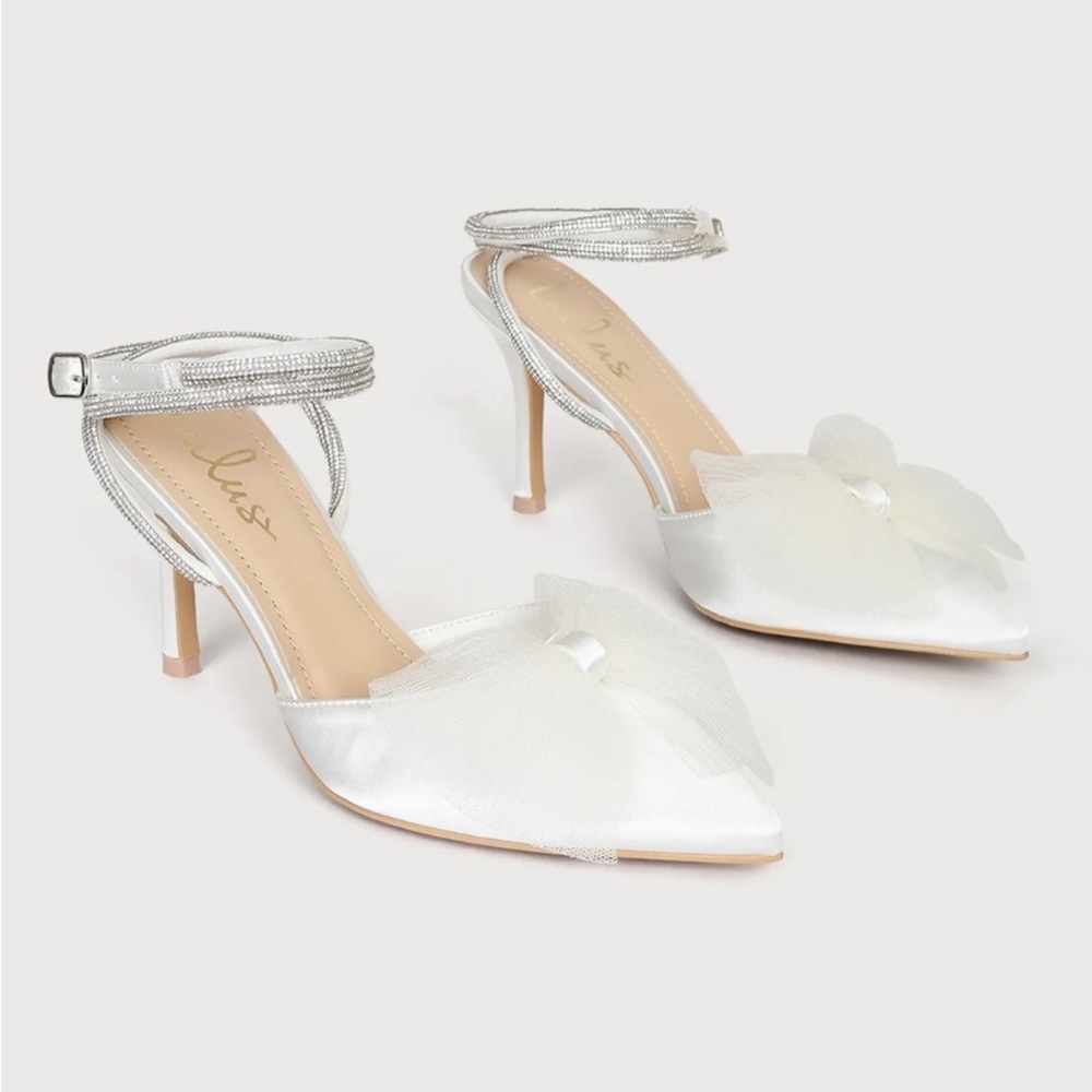 Lulu's White Ankle Strap Heels with Bow Detail - Picture 2 of 4